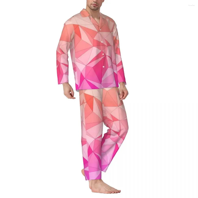 Nachtkleding voor heren Tweekleurige roze pyjamasets Herfstmozaïekontwerp Zacht Slaapkamer Unisex Stuk Casual Oversize Grafisch Nachtkleding Cadeau