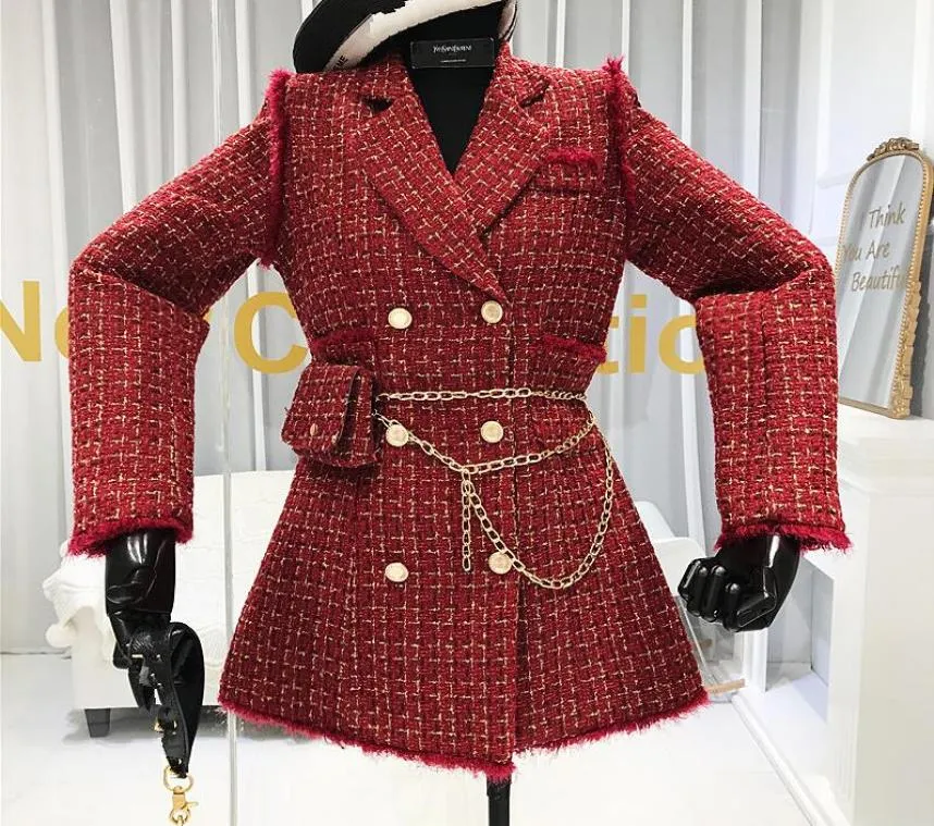 New Gold Thread Plaid Suit Coat Women Notched Double Breasted Feather Tassel Trim Slim Tweed Jacket with Belt Bag 2021 Women4251089