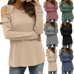 Women's Knits Tees Autumn and Winter 2023 New Jersey Round Neck Off Shoulder Ruffle Loose Casual Top Women