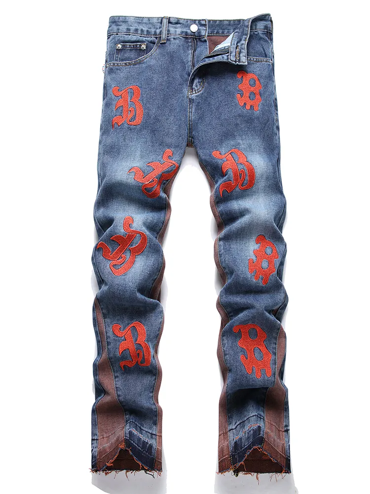 Calça jeans masculina bordada com letras azuis, calça solta reta e larga, moda primavera outono, calça jeans de algodão slim