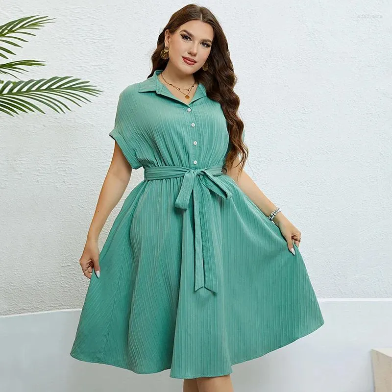 Plus Size Dresses Turn Down Collar Summer Women's Clothes Solid Elegant Casual Cute Ball Gown Midi Dress Wholesale Drop