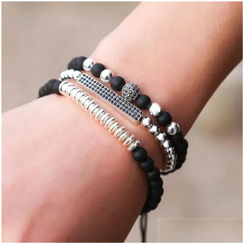 Filo di perline 3 Pz / lotto Classici Perline di pietra naturale Bracciale nero opaco Fascino Zircone Pavimenta Cz Sfera d'oro per donna Uomo Gioielli 2024 D Dhflw