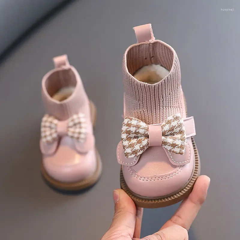 Boots Winter Infant Girl's Sock Chunky Bow Elegant Cute Children Casual Knitted Short Boot Toddler Girl Leather Shoes