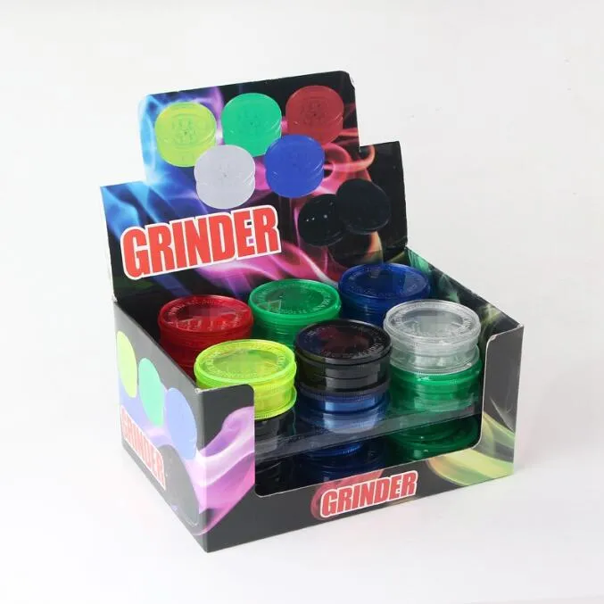 Moedor de ervas de plástico colorido de 60mm para cachimbo de fumo acessórios de ferramenta de tempero de tabaco Triturador Miller com caixa de exibição de 6 cores moedores