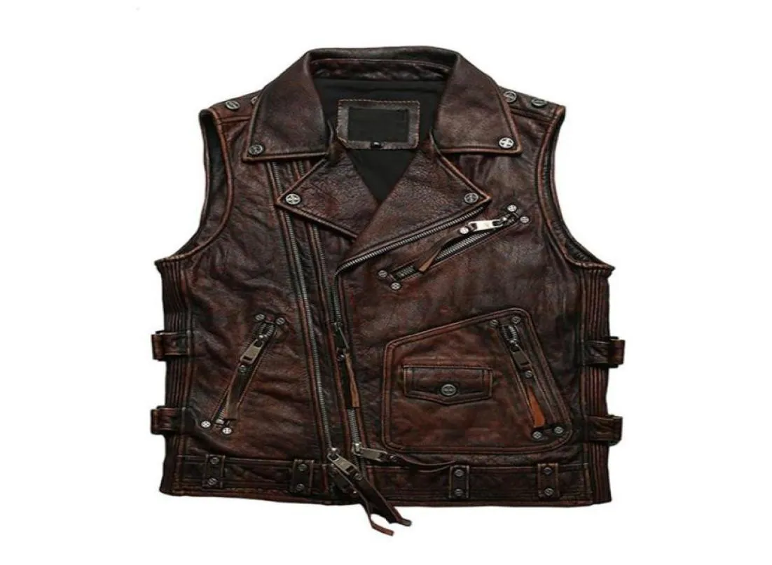 Men039s Vests 2021 Vintage Brown Motorcycle Style Genuine Leather Vest Men Plus Size 5XL Real Natural Cowhide Spring Slim Fit S4591533