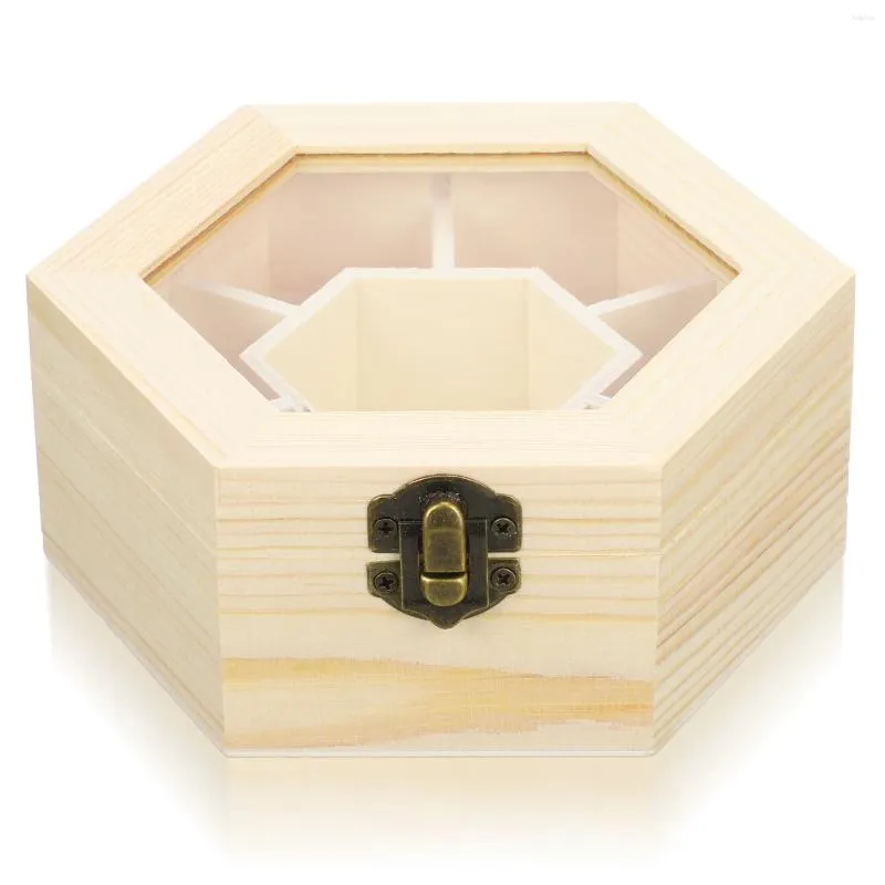 Bolsas de jóias caixa de armazenamento de madeira com tampa articulada janela diy hexágono display caso desktop compartimento sundries organizador