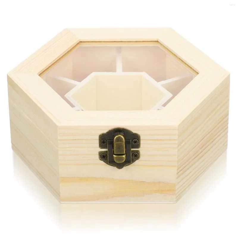 Pochettes à bijoux, boîte de rangement en bois avec couvercle à charnière, fenêtre, vitrine hexagonale, compartiment de bureau, organisateur d'articles divers