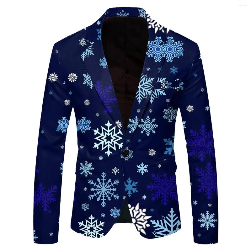 メンズスーツメンクリスマスブレザースノーフレークプリントラペル1ボタン長袖スーツジャケットポケットシックなイブニングパーティープロムコート