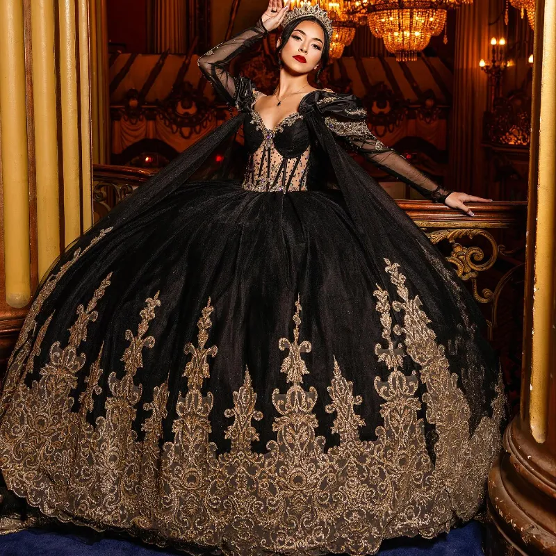 Black Quinceanera Dress Gold Lace Appliques Beads Ball Gown Beading Long Sleeve Sweet 16 Vestidos De 15 Anos