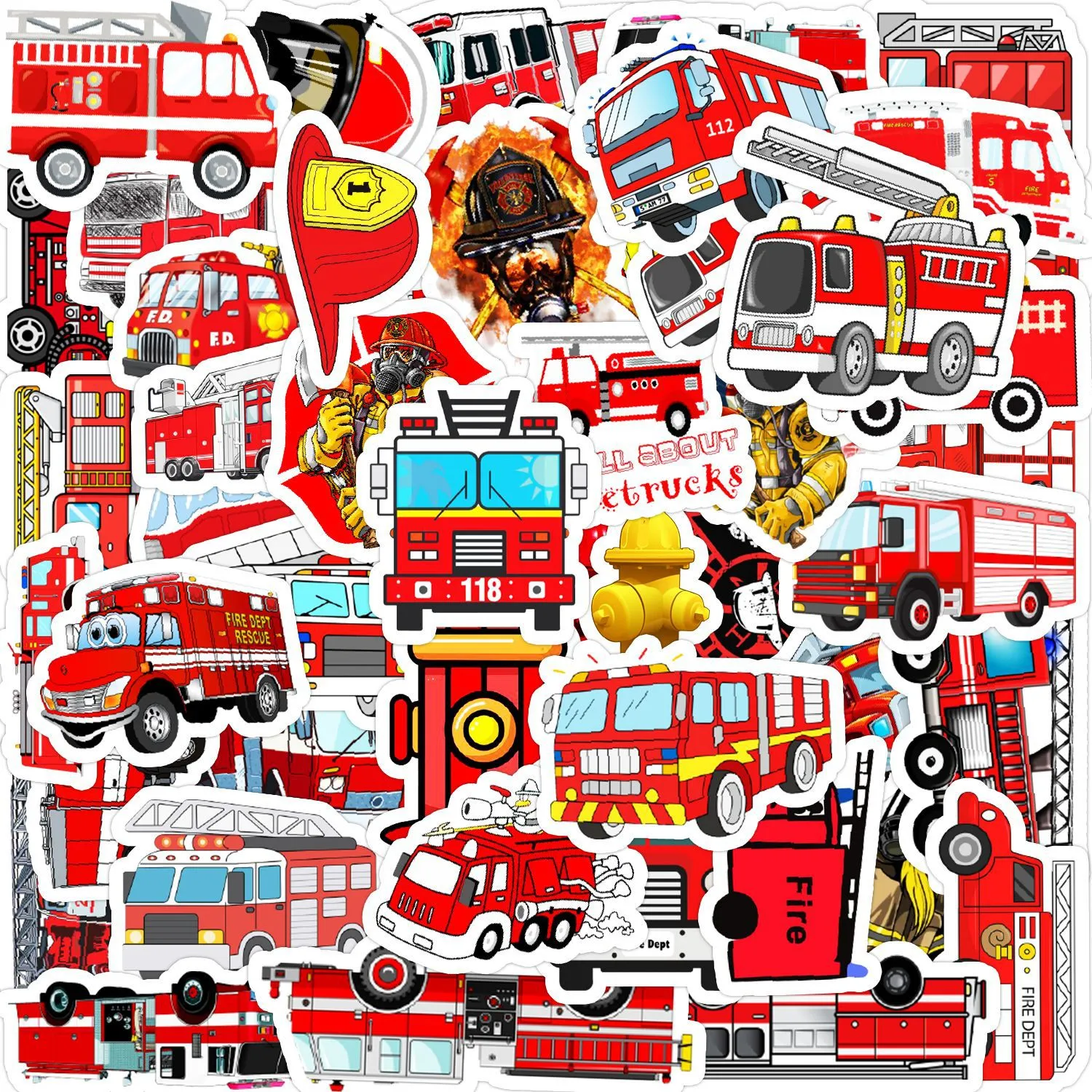 Fire Truck Stickers 50 st, Fireetruck Fire Fighter Cars Sticker Gift till barn, småbarn, pojke, flicka, vattenflaska, klippbok, hjälm, festförsörjning 122