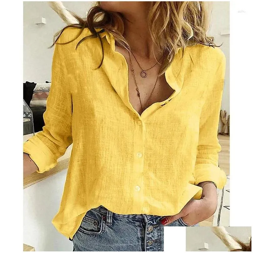 Womens Blouses Shirts Chamliforve Autumn White Yellow Button Lapel Cardigan Top Lady Loose Long Sleeve Oversized Shirt Drop Delivery A Dhln7