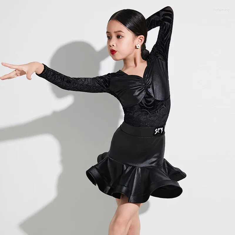 Stage Wear Autumn Latin Dance Costume Girls Black Competition Dresses Tango Samba Rumba Performance Suit Bodysuit Skirt VDB7550