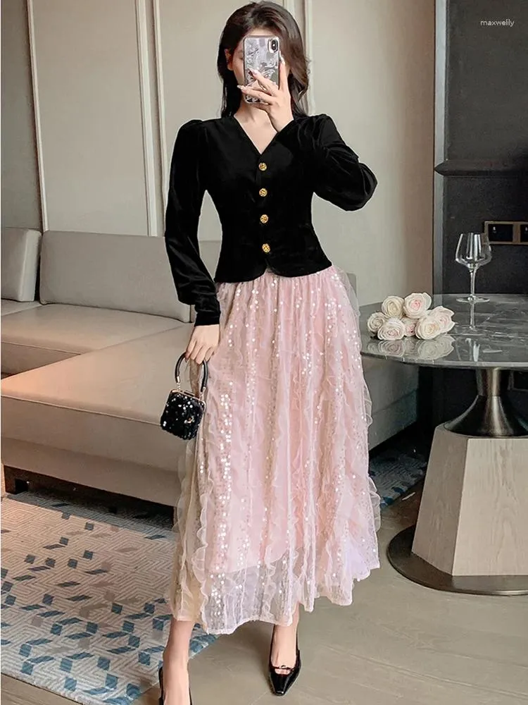 Work Dresses 2024 Spring Elegant Two Piece Set Women Black Velvet V Neck Gold Button Short Tops Sequined Mesh Ruffles Long Skirts Suits