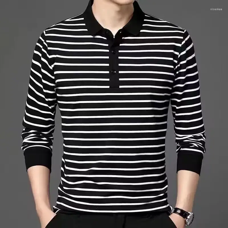 Polos pour hommes printemps et automne T-shirt à manches longues avec col polo noir blanc rayures haut jeunesse décontracté homme chemise confortable