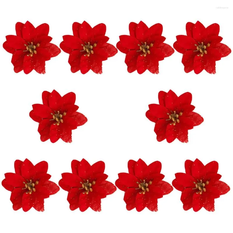 Decorative Flowers 10Pcs Artificial Poinsettia Flower Christmas Glitter Decoration Tree Ornaments ( Red )