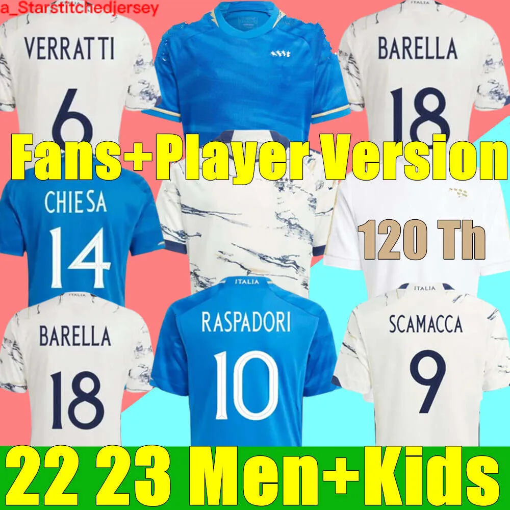125th Italy Soccer Jerseys PlayerバージョンMAGLIE DA CALCIO LEGHLEGRINI CHIESA BARELLA ITALIA 23フットボールシャツT女性男性セットキッズキットトレーニングユニフォーム