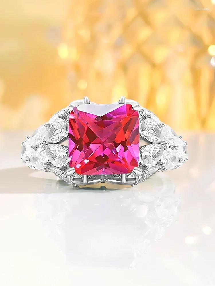 Bagues de cluster artificielle rose rouge saphir bague pour femmes 925 argent diamant à haute teneur en carbone style princesse