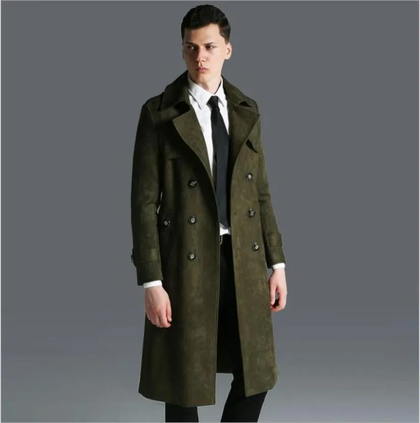 Trench primavera autunno Moda europea Esercito verde grigio Cappotto nero Camoscio cervo Abbigliamento uomo giacca a vento super lunga Indumento9544016