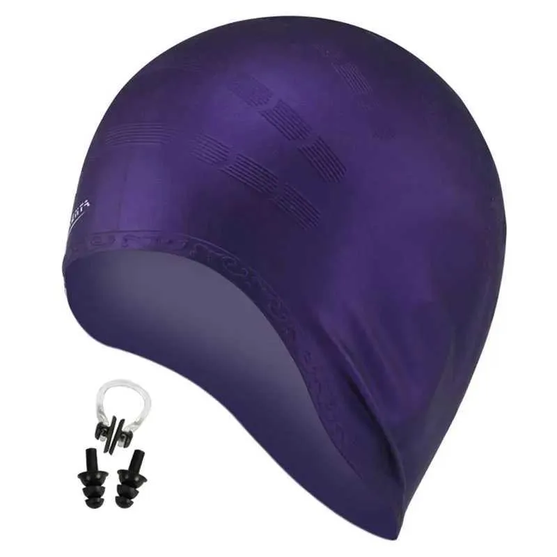 Bonnets de natation Cheveux longs bonnets de natation hommes femmes bouchon d'oreille pince-nez arge grand Silicone étanche filles plongée piscine chapeau professionnel YQ240119