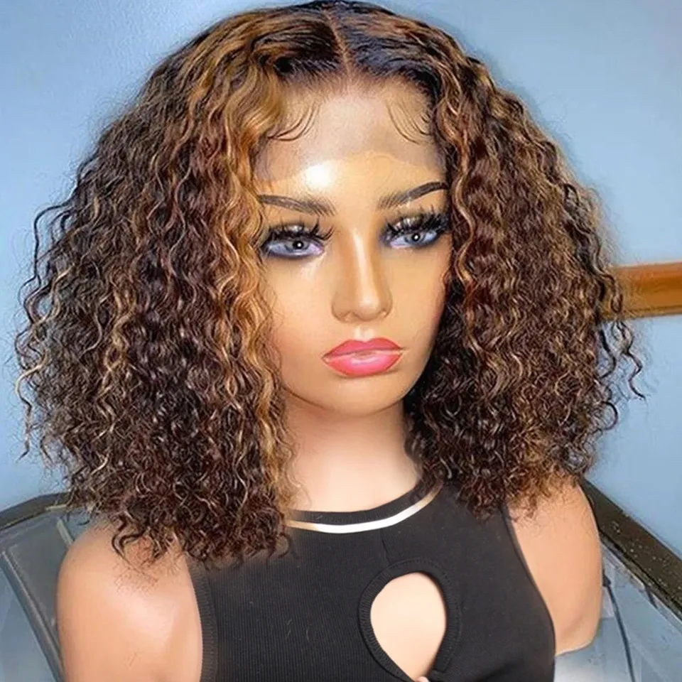 Highlight Short Jerry Curly Bob Wig 13x6x1 Lace Front Human Hair Wigs Deep Wave for Women Brown Lace Front Kinky Curly Wig