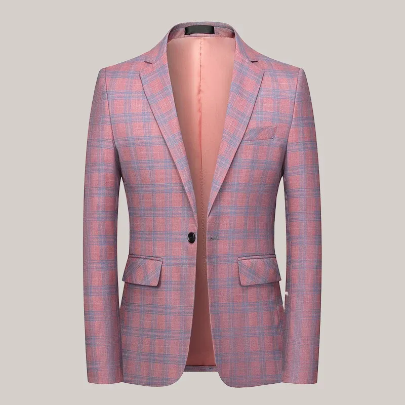 Roze Geruite Pak Jassen Voor Mannen Beige Blauw Geruite Blazer Jas Mannelijke Slim Fit Fashion Casual Smoking Masculino 6XL-M 240118