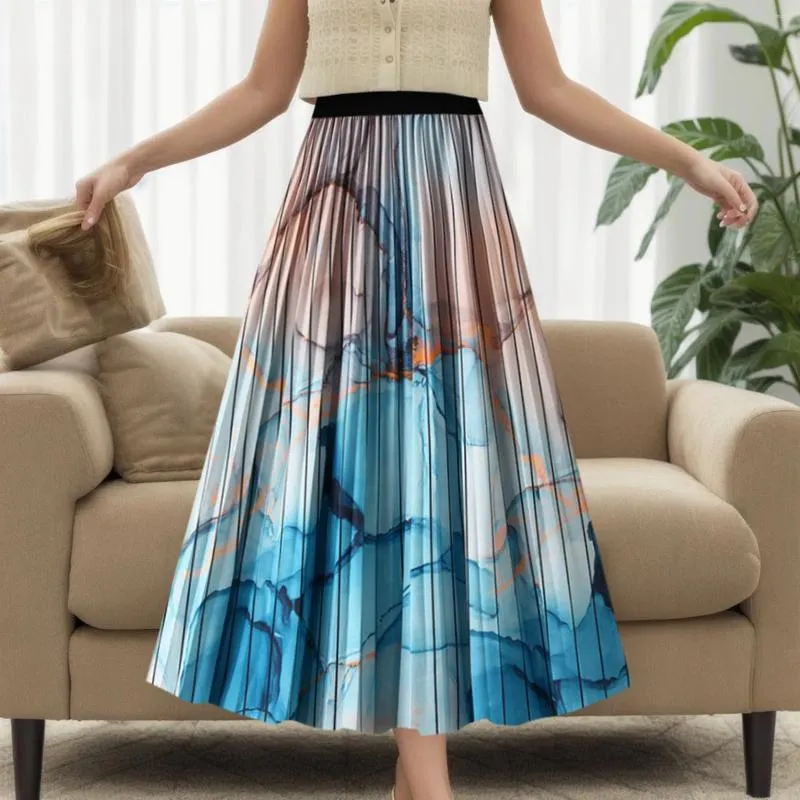 スカート2024女性秋の夏ファッションハイウエストスリムAラインスイングドレスプリントプリーツミッドレングス長いスカート