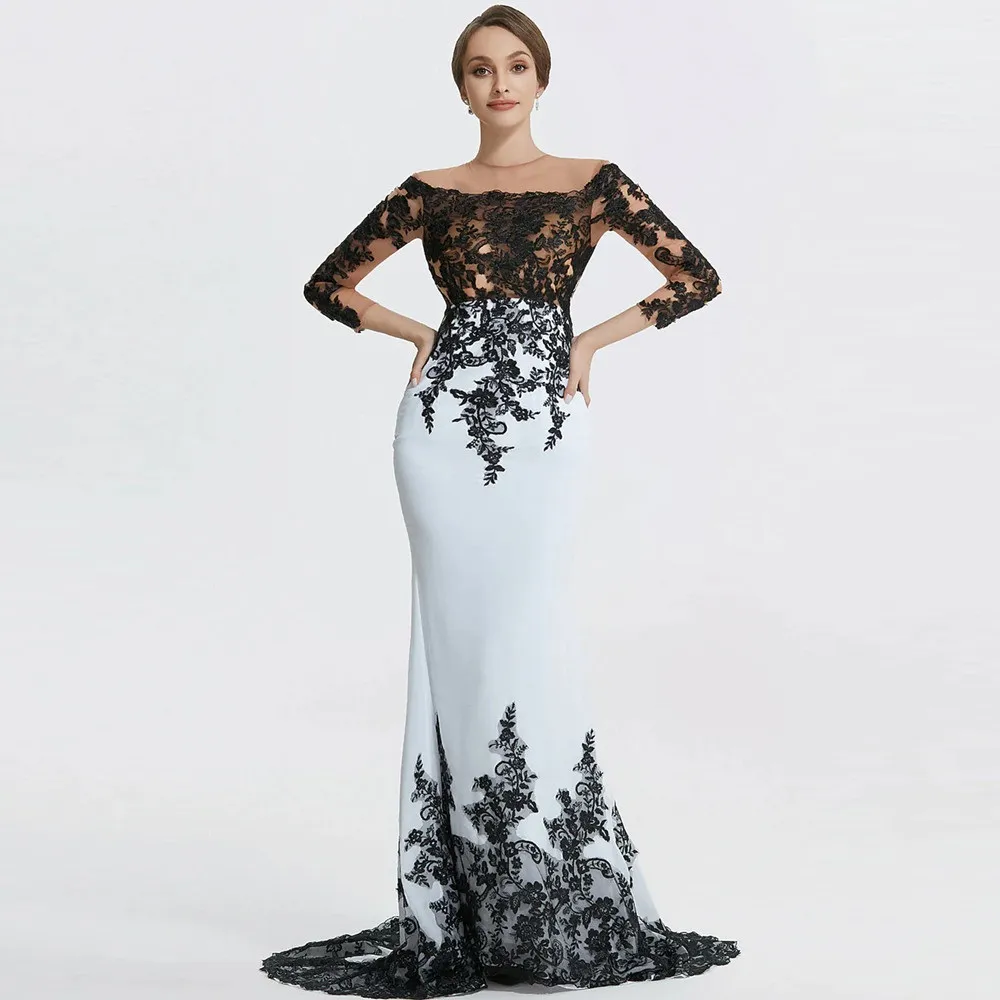 Veet noir robes de soirée sirène plus taille en cœur entier manches longues africain robes de bal appliqués robe formelle 2024 yd