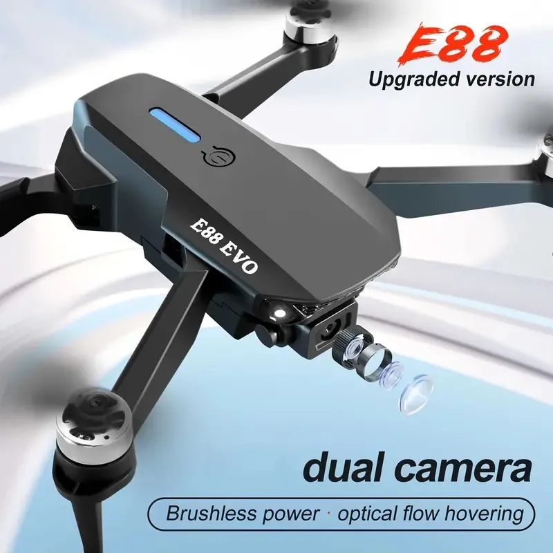 Drone E88 EVO con doppia fotocamera HD telecomandato con batteria singola, motore brushless, modalità senza testa, posizionamento del flusso ottico, trasmissione in tempo reale, Smart Follow