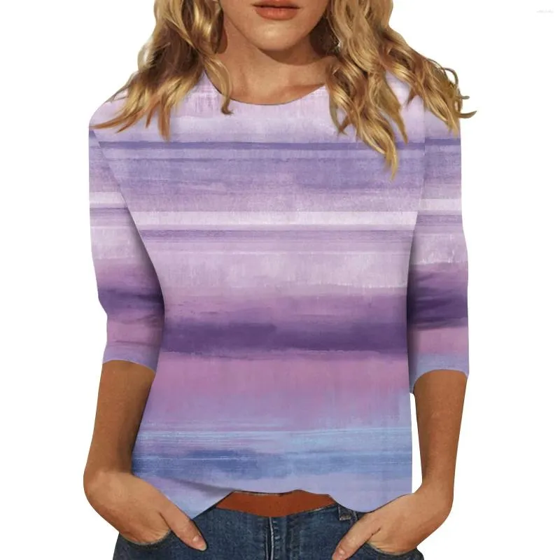여자 T 셔츠 패션 패션 여성 스프링 그라디언트 프린트 셔츠 라운드 목 의류 캐주얼 3/4 슬리브 대형 상판