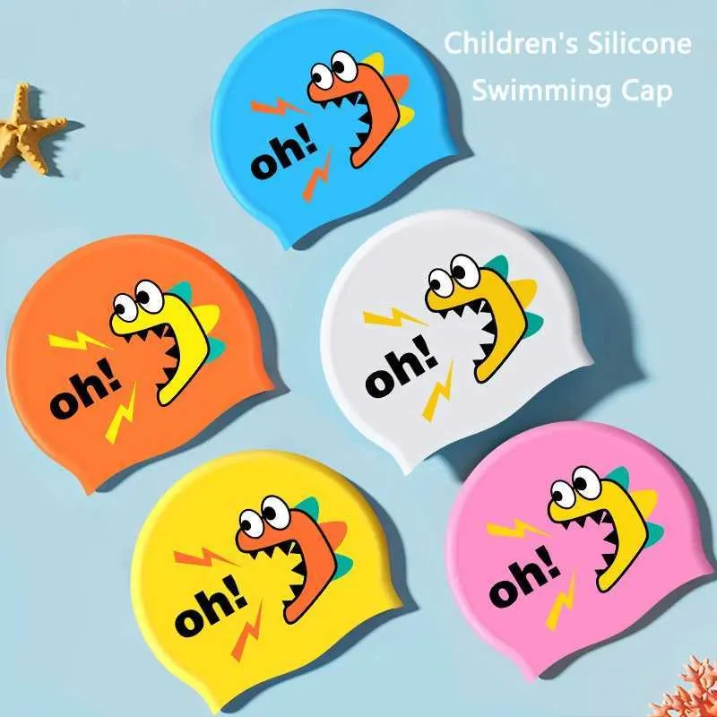 Swimming Caps 2023 Children's Silicone Swimming Cap Boys and Girls Waterproof Long Hair Ear Muff Cute Cartoon Swimming Cap YQ240119