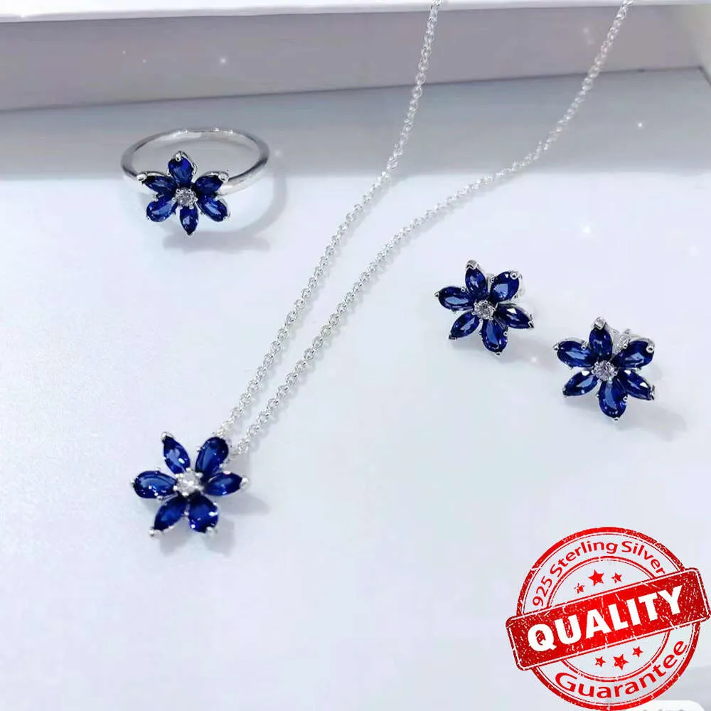 Sparkling Blue Herbarium Cluster Earrings Sterling Sier Flower Shape Ear Stud Eye-Catching Jewelry Party Set