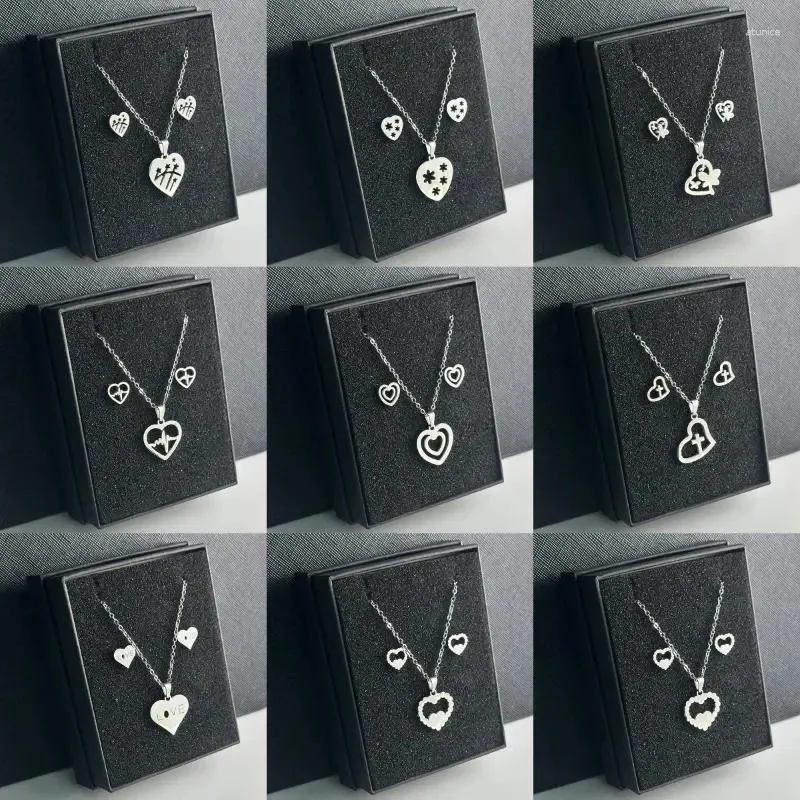 Necklace Earrings Set 20set/lot Stainless Steel Silver Color Heart Heartbeat Pendant Chain Stud Earring For Women Jewelry Wholesale