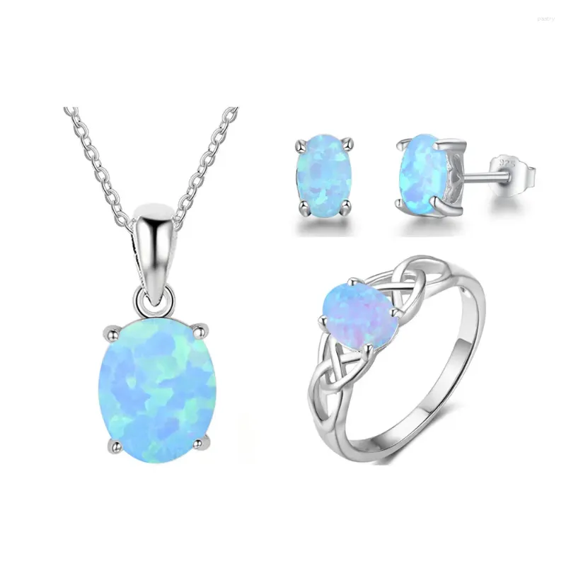 Necklace Earrings Set For Women Silver Color Rings Chain Necklaces Blue Oval Opal Jewelry Lovers Gift (Lam Hub Fong)