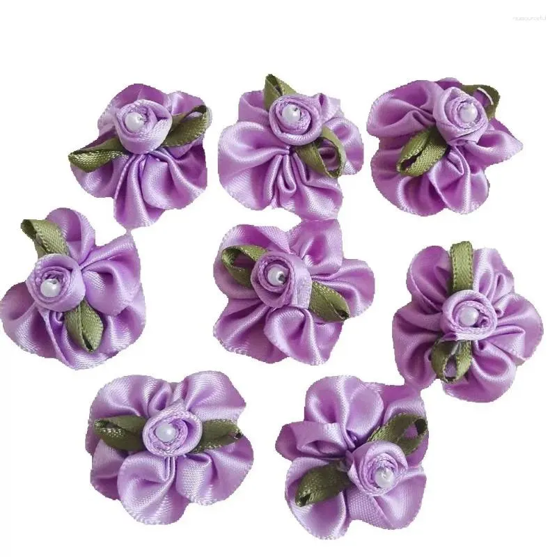 Decorative Flowers 30pcs Purple Satin Ribbon Flower Bows Pearl Rose Artificial Appliques Fabric Wedding Sewing Craft Handmade Gift Box