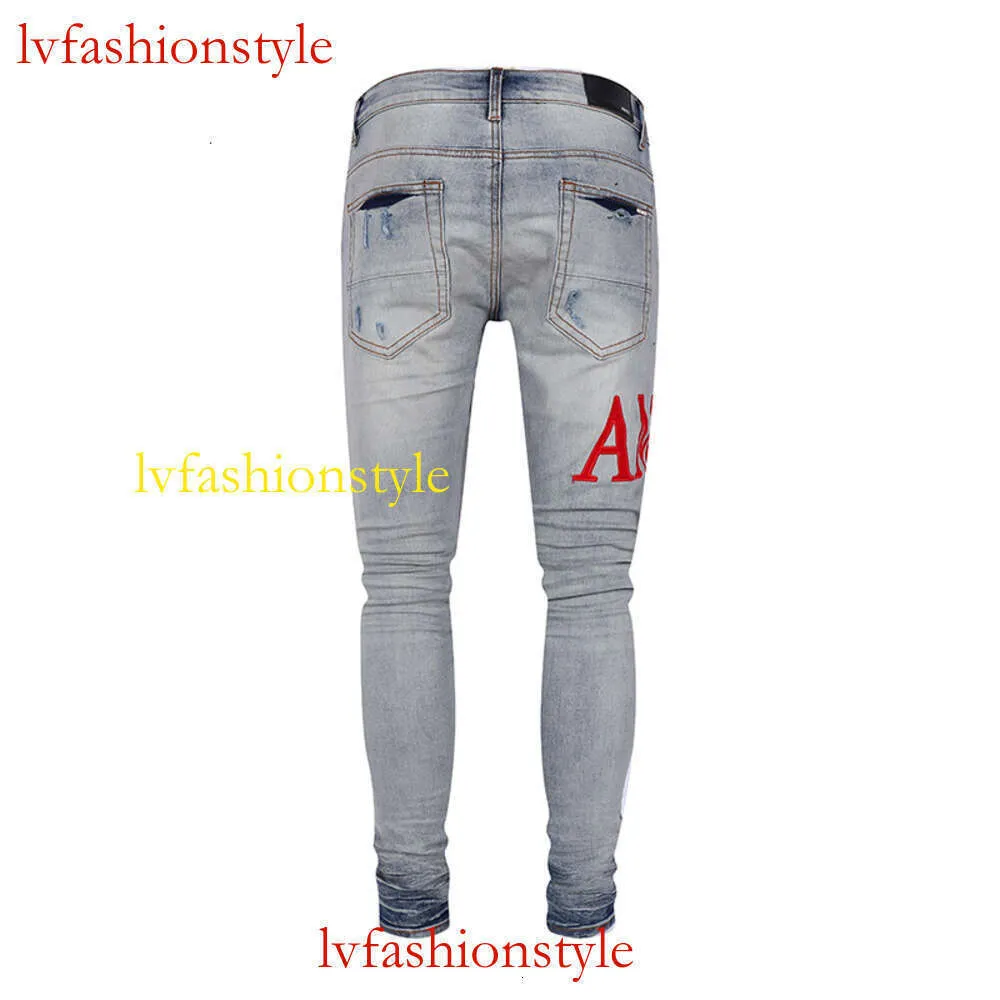 Jeans en détresse de couleur claire AMR, flambant neuf, tendance européenne et américaine, avec lettres brodées pour hommes, pantalon Slim élastique555