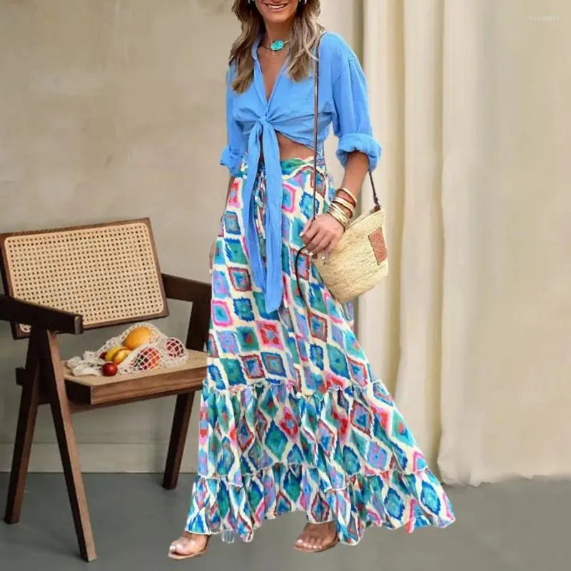 Skirts Ladies Skirt Bohemian Print A-line Maxi With Colorful Rhombus High Waist Patchwork Ruffle For Beach