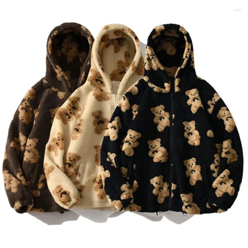 Women's Hoodies Autumn Winter Women Hooded Bear Print Zipper Fleece Thick Pockets Multi Colors High Street Chic Campus Cute Jacket S-XL