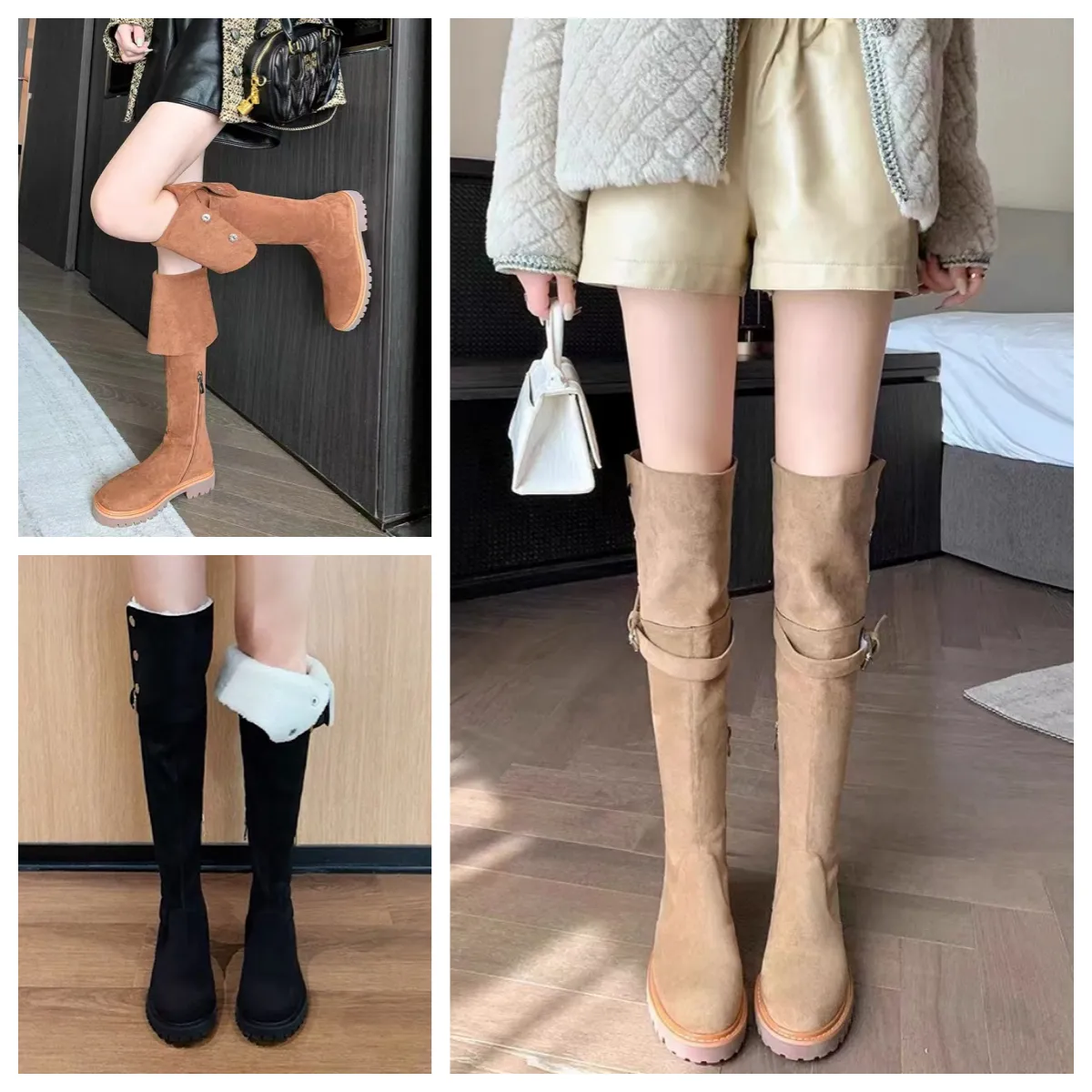 Bottes d'hiver de mode femmes bottes au genou botte noir kaki cuir sur-genou botte fête bottes plates bottines de neige marron foncé talon épais