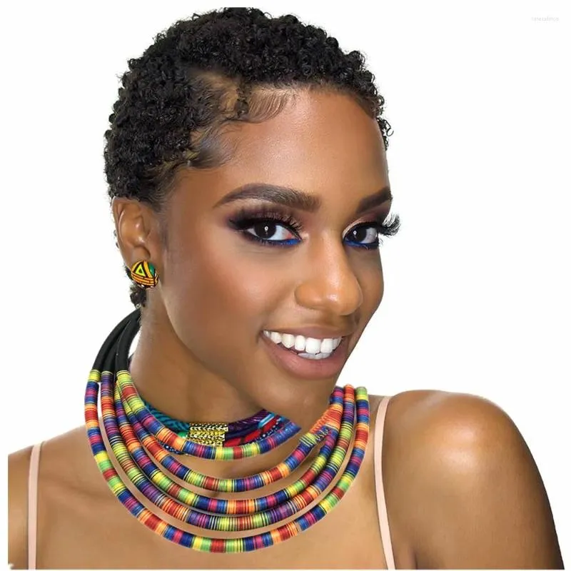 Necklace Earrings Set African Colorful Multi Layer Woven Chain Magnetism Button Bohemian Choker Collar Drop