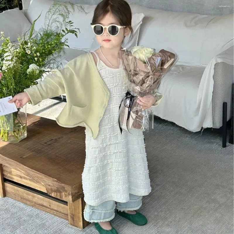 재킷 어린이 의류 2024 봄 세련된 한국 스타일 여자 간단한 단색 공주 달콤한 코트 얇은 가디건