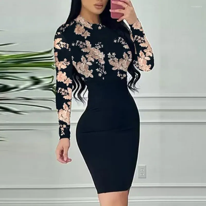 Robes décontractées Femmes Slim Look Robe Fleur Imprimer Fit Mini avec taille haute à manches longues pour gaine serrée O cou élastique au-dessus