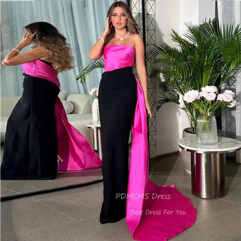 Party Dresses Charming Pink/Black Satin Evening Strapless Floor Length Simple Arabic Women Formal Gowns Modern Dress