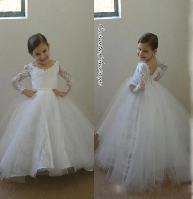 Arabic Lace Flower Girl Dresses 2016 Long Sleeves Ball Gown Child Pageant Dresses Holy Communion Flower Girl Wedding Dresses2449826