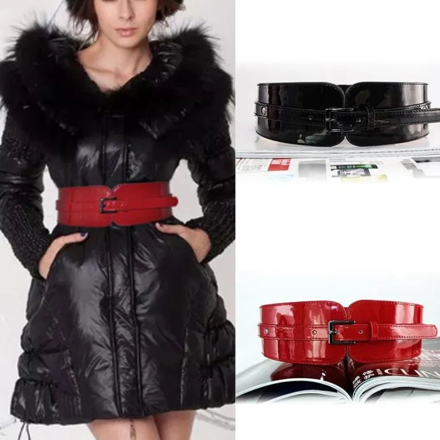 Bälten Kvinnor Luxury Patent Leather Wide Stretch Belt Fashion Design Black Red Lämplig för casualofficeparty2484