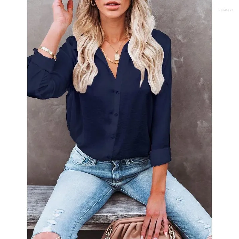 Kvinnors blusar Casual Blus långärmad solid elegant mujer toppar en rad knapp camisa kläder streetwear kvinnor svart röd skjorta