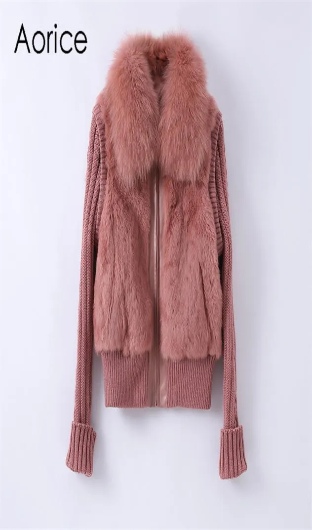 Aorice New Fashion Design Fox Fur Collarl Lady Real Rabbit Fur Coat with Nylon Sleeve CT1387797575