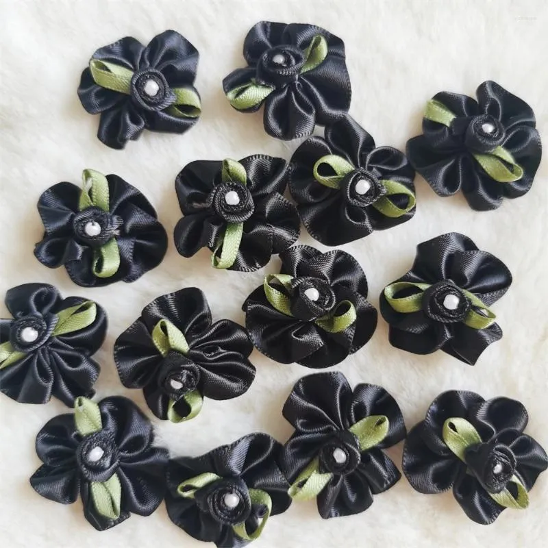 Decorative Flowers 30pcs Black Satin Ribbon Flower Bows Pearl Rose Artificial Appliques Fabric Wedding Sewing Craft Handmade DIY Gift