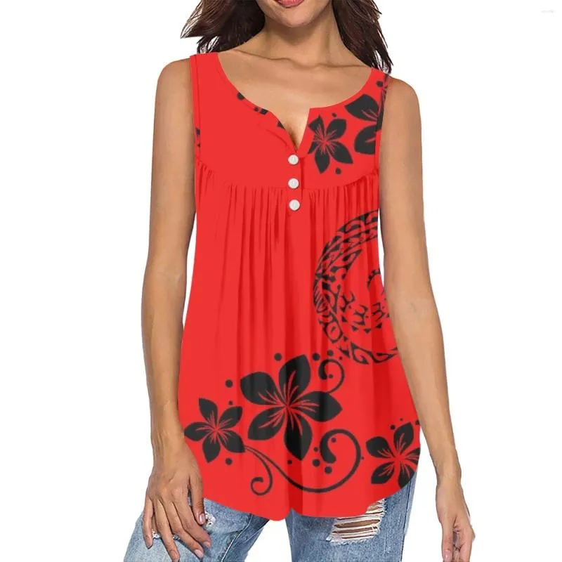 Kvinnors tankar Högkvalitativa bekväma löst lågklippta mode Summer Tank Top Röd andas ärmlös t-shirt Polynesisk tryck