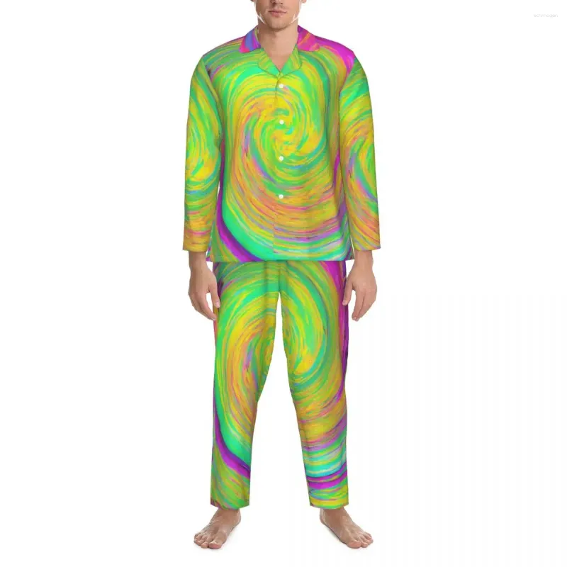 Ropa de dormir para hombres Conjuntos de pijamas de remolino líquido amarillo Groovy Abstracto Lindo Pareja Mangas largas Sueltas Casa Traje de dos piezas Tallas grandes