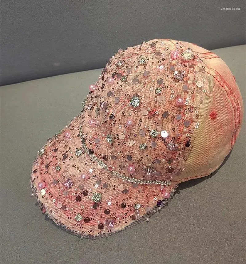 Ball Caps 202409-shi Ins Chic Designer Roze Parel Diamant Pailletten Mesh Decoratie Dame Baseball Hoed Vrouwen Leisure Vizieren Cap